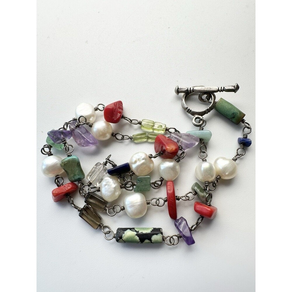 Sterling Silver Multi Gemstone Beaded Toggle Clasp Necklace 17”